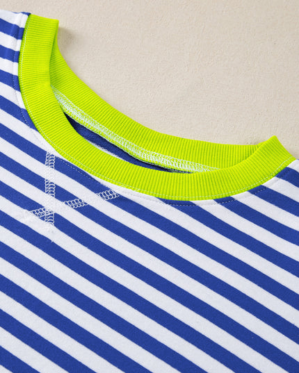 Blue Striped Contrast Trim Drop Shoulder Sweatshirt