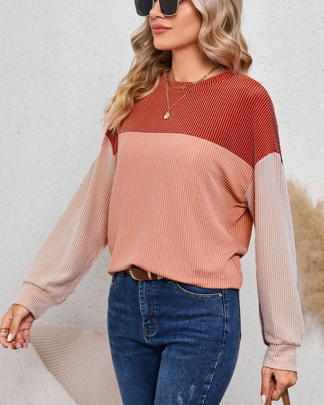 Multicolor Colorblock Ribbed Loose Long Sleeve Top