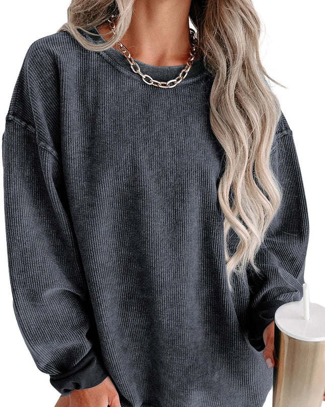 Green Ribbed Round Neck Drop Sleeve Pullover Sweatshirt