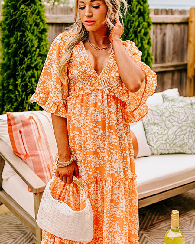 Orange Floral Print Smocked V Neck Bell Sleeve Maxi Dress