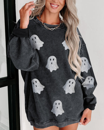 Pink Halloween Ghost Corded Crew Neck Loose Sweatshirt