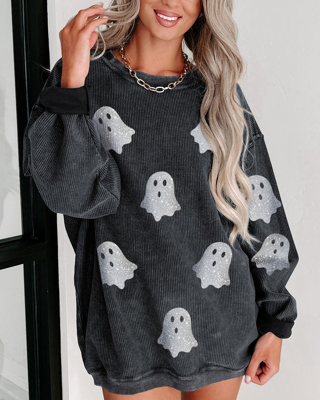 Pink Halloween Ghost Corded Crew Neck Loose Sweatshirt