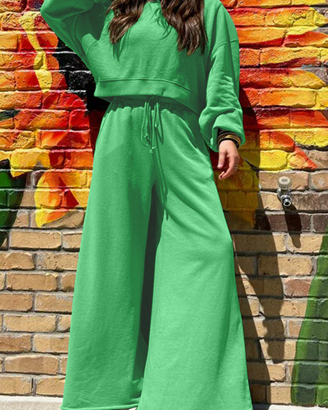 Mist Blue Wide-Leg Lounge Set | Drop Shoulder Crop Pullover & Drawstring Pants