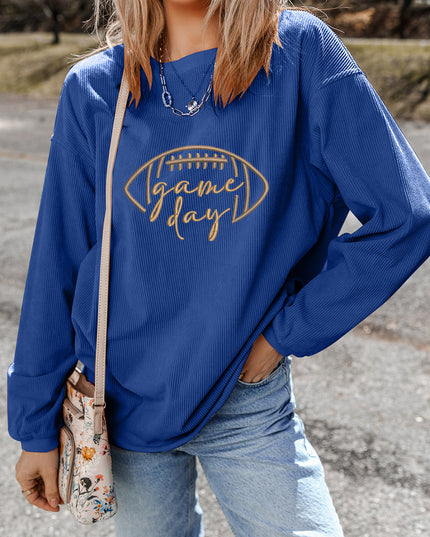 Dark Blue Football Graphic Drop Shoulder Game Day Corded Sweatshirt
