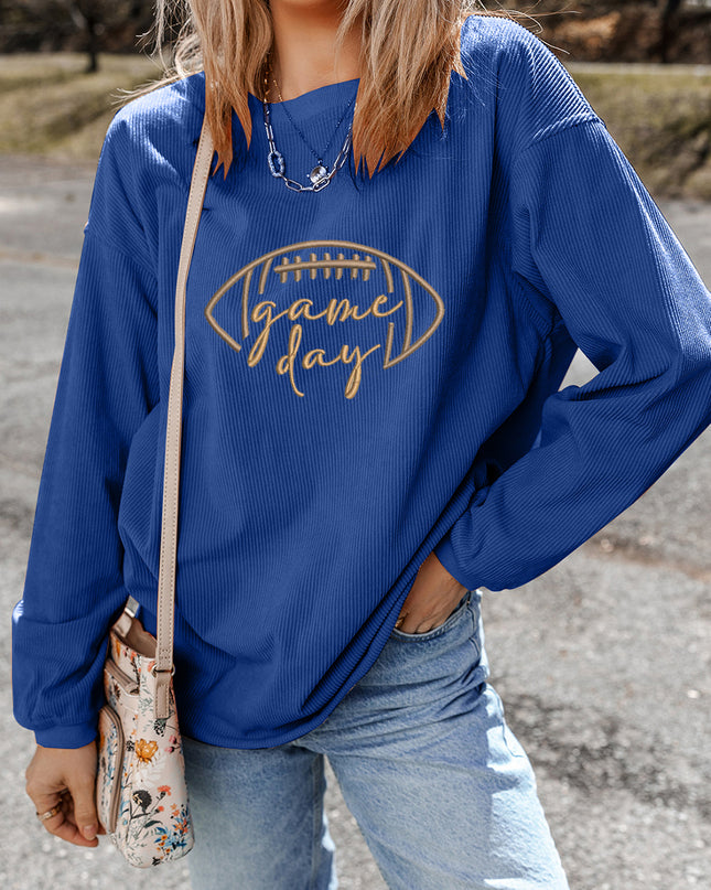 Dark Blue Football Graphic Drop Shoulder Game Day Corded Sweatshirt