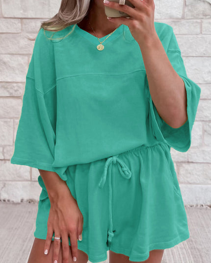 Bonbon Loose V Neck Tee and Drawstring Shorts Set