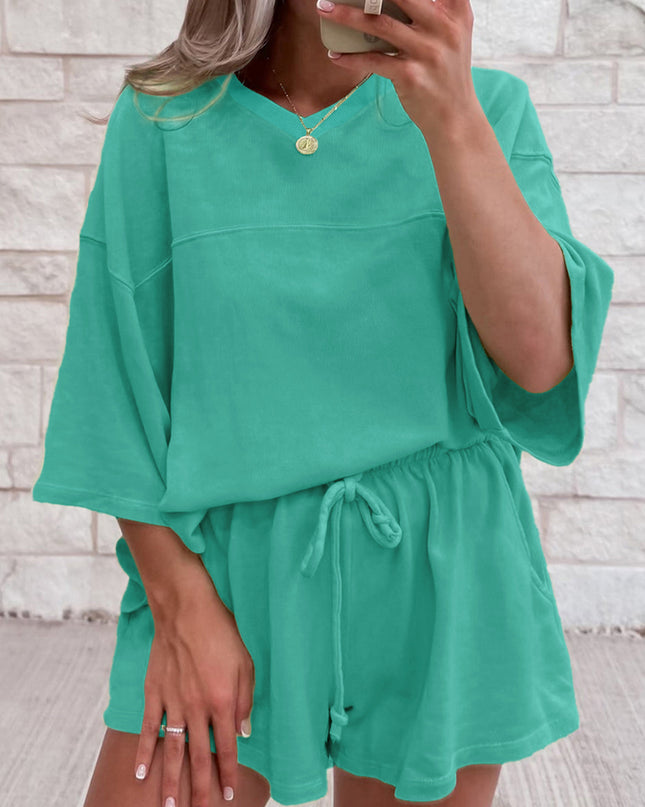 Bonbon Loose V Neck Tee and Drawstring Shorts Set