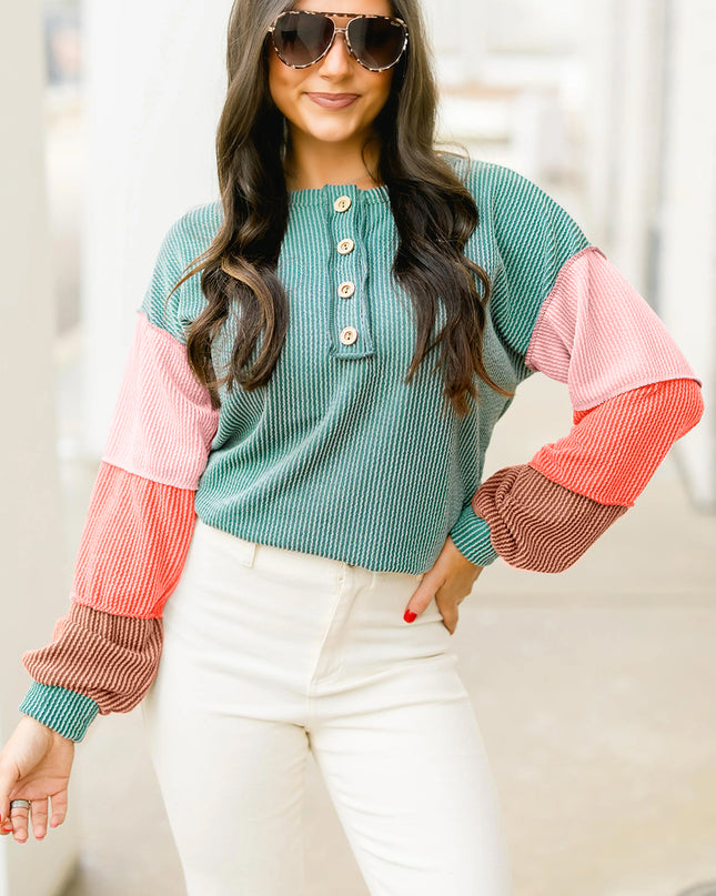 Multicolour Twisted Ribbed Colorblock Patchwork Henley Top