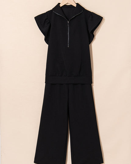 Beau Blue Textured Ruffle Sleeve Zipped Top and Wide Leg Pants Set