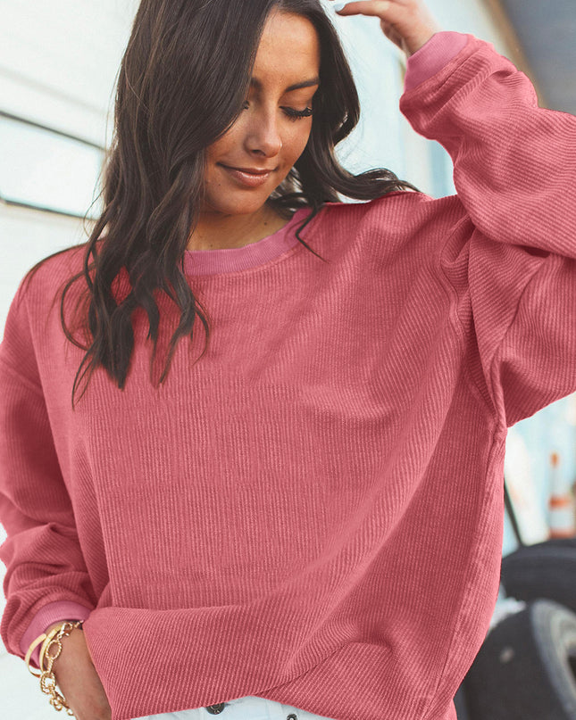 Red Plain Drop Sleeve Rib Knit Oversized Sweatshirt