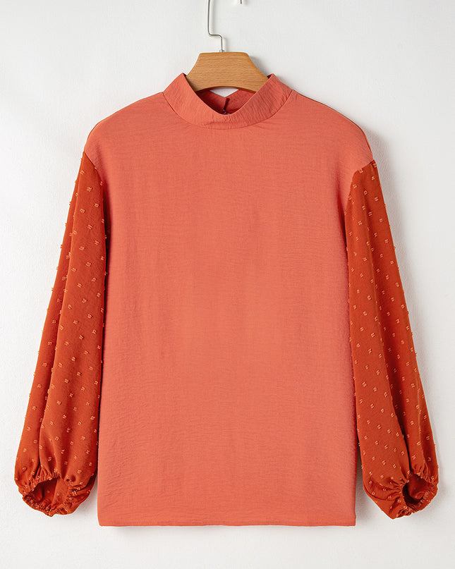 Russet Orange Swiss Dot Balloon Sleeve Patchwork Crinkle Blouse
