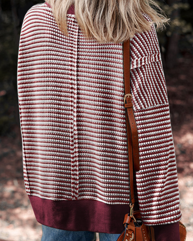 Brown Stripe Ribbed Trim Drop Shoulder Long Sleeve Oversized Top