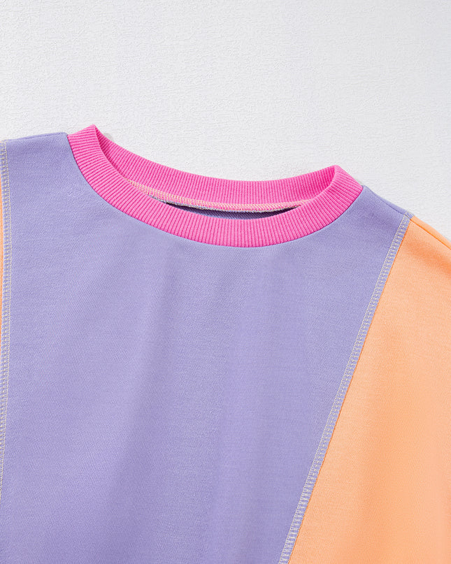 Grapefruit Orange Colorblock Patchwork Drop Shoulder Top