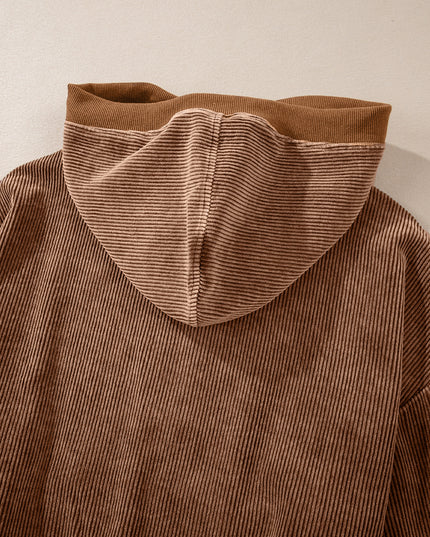 Chestnut Half Zipper Kangaroo Pocket Drawstring Corduroy Hoodie