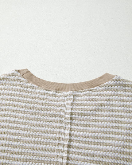 Brown Stripe Ribbed Trim Drop Shoulder Long Sleeve Oversized Top