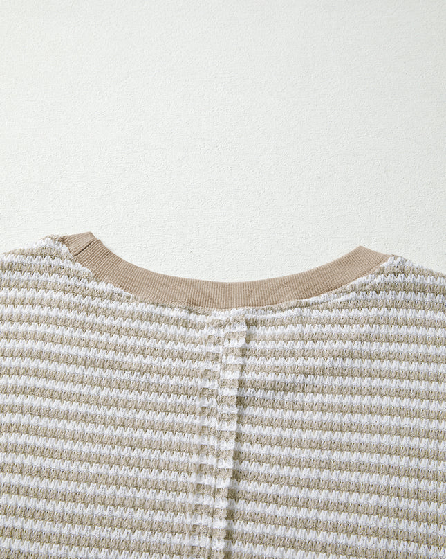 Brown Stripe Ribbed Trim Drop Shoulder Long Sleeve Oversized Top