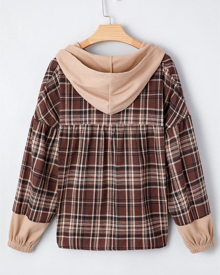 Brown Plaid Waffle Patchwork Henley Hoodie – Cozy Long Sleeve Top for Women