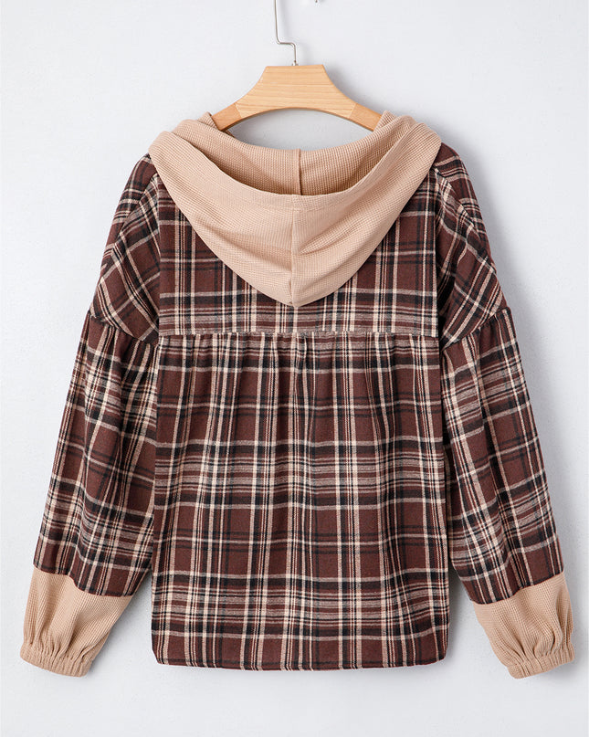 Brown Plaid Waffle Patchwork Henley Hoodie – Cozy Long Sleeve Top for Women