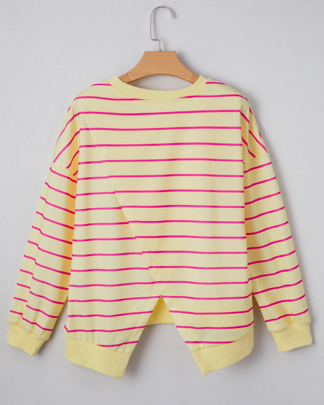 Blue Striped Overlap Detail Drop Shoulder Pullover Sweatshirt