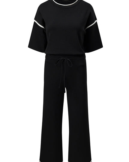 Navy Blue Loose Contrast Trim Half Sleeve Top and Drawstring Pants Set