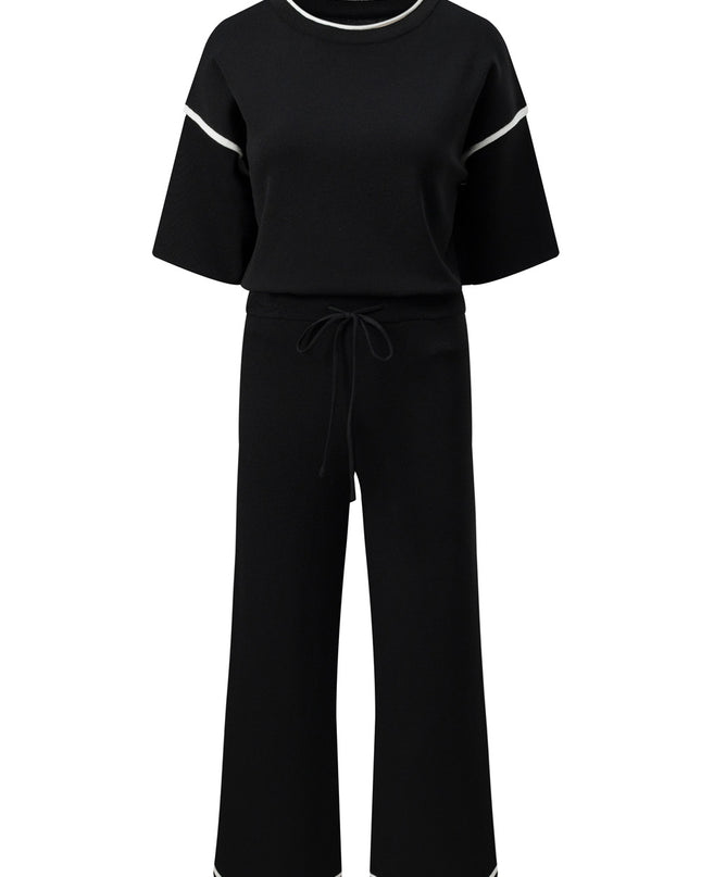 Navy Blue Loose Contrast Trim Half Sleeve Top and Drawstring Pants Set