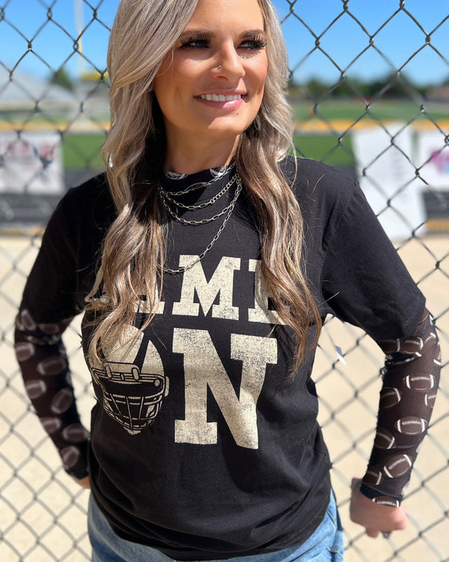 Black Game Day Football Mesh Sheer Long Sleeve Top