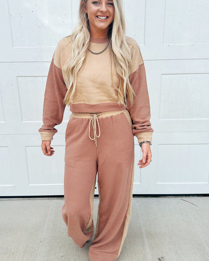 Khaki Color Block Long Sleeve Crop Top Drawstring Pant Set