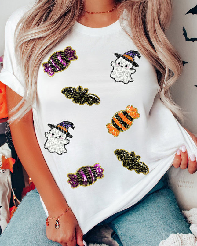 Black Sequined Halloween Spirit Pattern Patched Custom Casual Tee