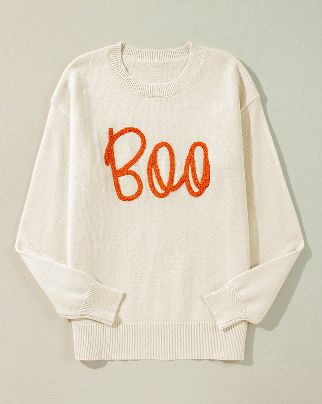 Apricot Halloween Boo Drop Shoulder Knit Sweater
