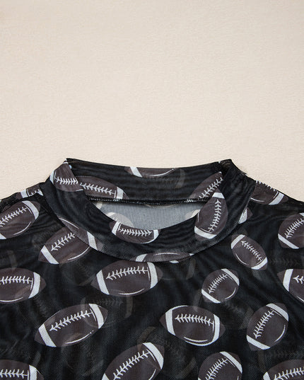 Black Game Day Football Mesh Sheer Long Sleeve Top