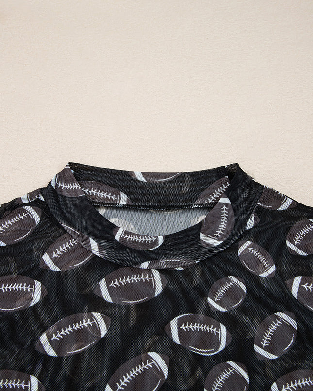 Black Game Day Football Mesh Sheer Long Sleeve Top