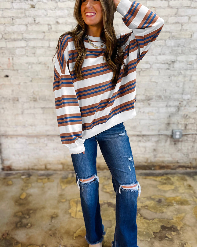 Brown Stripe Crew Neck Drop Shoulder Pullover Sweatshirt – Women’s Casual Long Sleeve