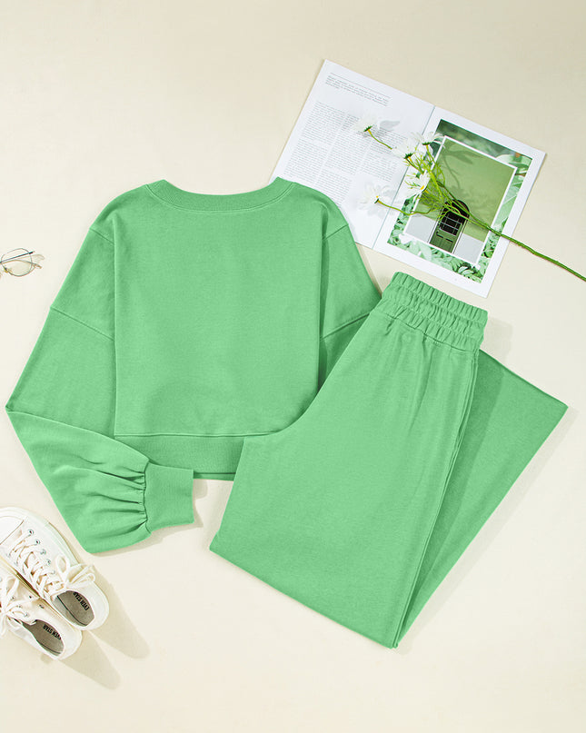 Mist Blue Wide-Leg Lounge Set | Drop Shoulder Crop Pullover & Drawstring Pants