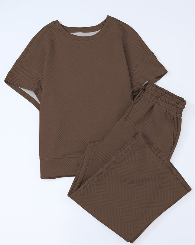Black Textured Loose Fit T Shirt and Drawstring Pants Set