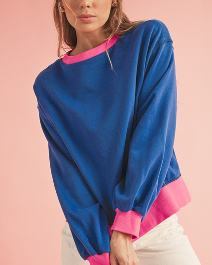 Blue Contrast Trim Bubble Sleeve Sweatshirt