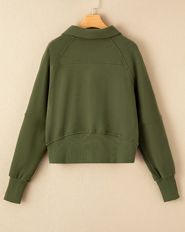 Black Zip Up Stand Collar Ribbed Thumbhole Sleeve Sweatshirt