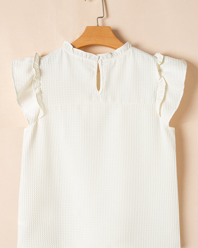White Solid Color Ruffle Trim Waffle Textured Blouse