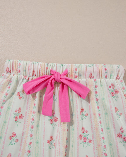Pink Polka Dot and Bow Print Ruffle Hem Shorts Pajama Set