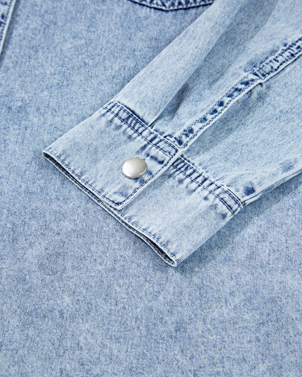 Denim Shirt Dress with Chest Pocket – Raw Hem Oversized Loose Fit Mini Dress (Blue Cotton)