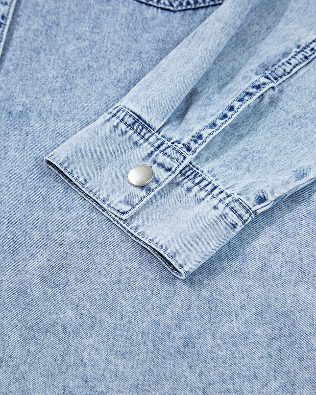 Denim Shirt Dress with Chest Pocket – Raw Hem Oversized Loose Fit Mini Dress (Blue Cotton)