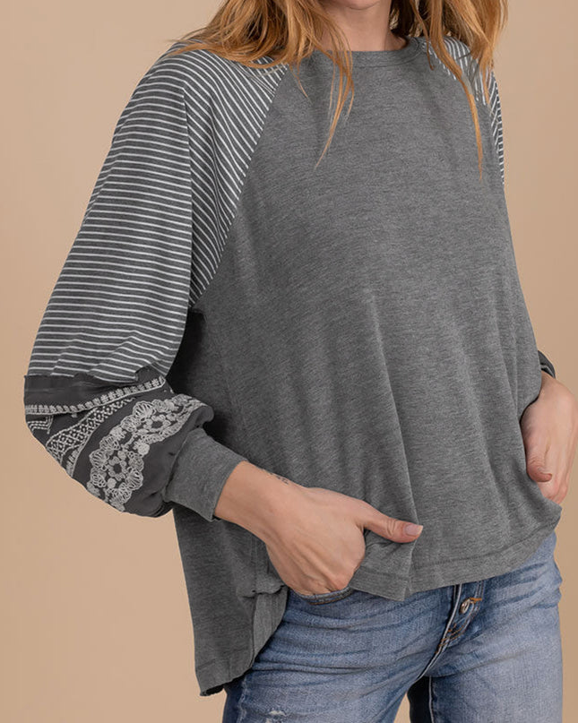 Rose Red Contrast Print Striped Raglan Long Sleeve Loose Top