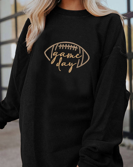 Dark Blue Football Graphic Drop Shoulder Game Day Corded Sweatshirt