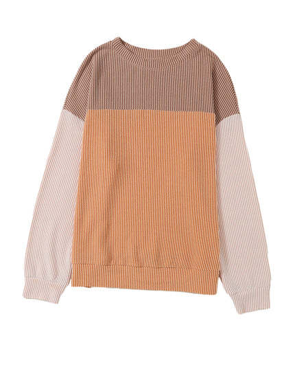 Multicolor Colorblock Ribbed Loose Long Sleeve Top