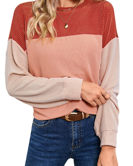 Multicolor Colorblock Ribbed Loose Long Sleeve Top