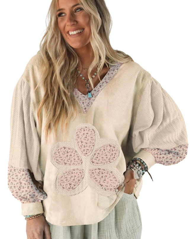 Beige Floral Textured Colorblock Patchwork Bishop Sleeve Hooded Top
