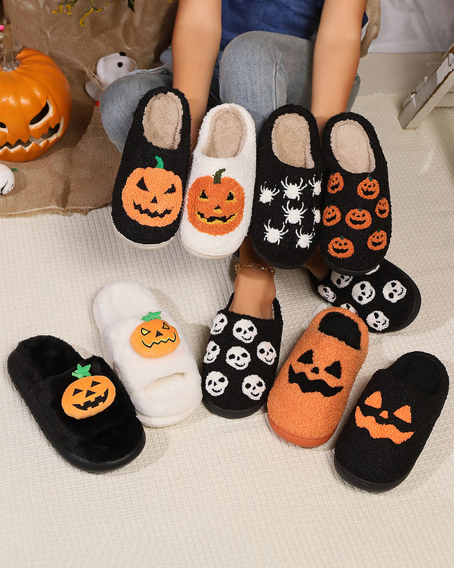 White Halloween Pumpkin Print Plush Slippers