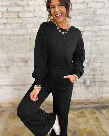 Black Textured Chest Pocket Drop Sleeve Top and Pants Set