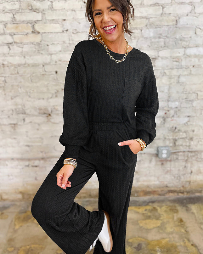 Black Textured Chest Pocket Drop Sleeve Top and Pants Set