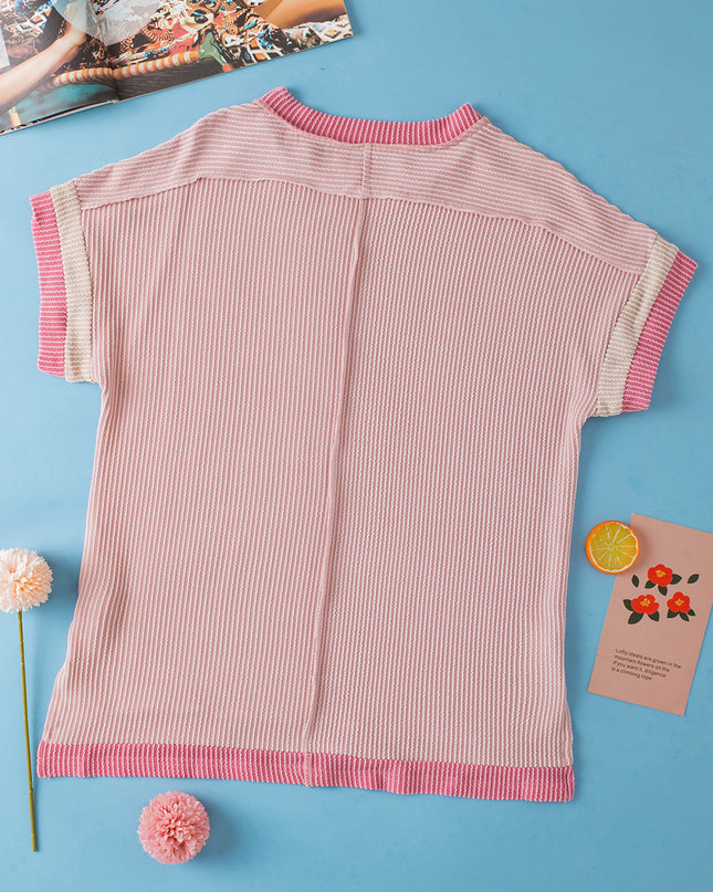 Rose Red Textured Colorblock Round Neck T Shirt