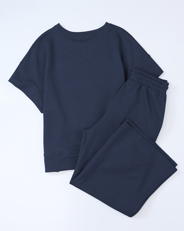 Black Textured Loose Fit T Shirt and Drawstring Pants Set